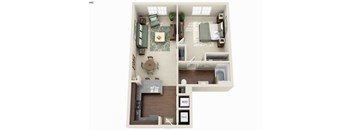 A top-down view of a small apartment with a living room, kitchen, and bathroom.