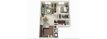 A floor plan of a small apartment with a kitchen, living room, and bedroom.