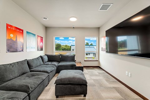 A living room with a grey sofa and a flat screen TV.