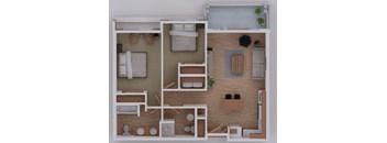 A diagram of a small apartment with a bedroom, living room, and kitchen.