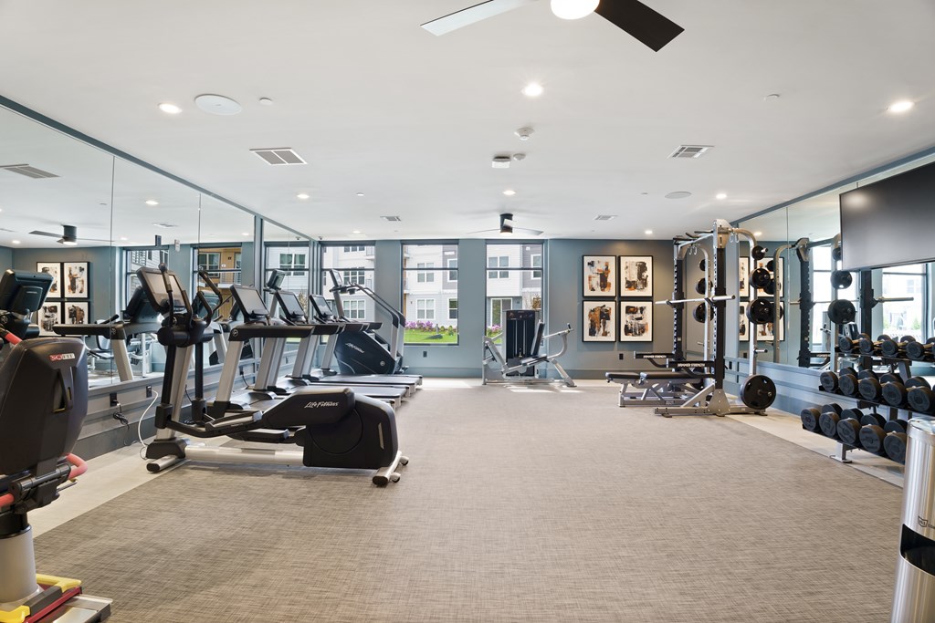 A gym with a variety of equipment including treadmills, weights, and exercise machines.