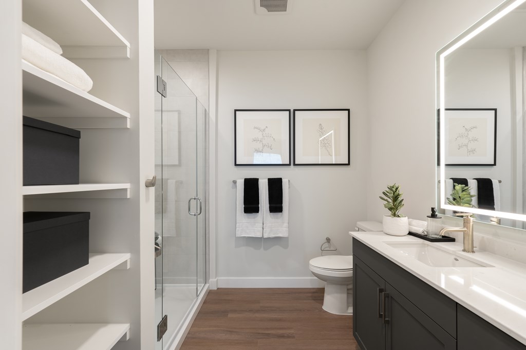 A bathroom with a toilet, sink, and a walk-in shower.