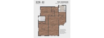 A two bedroom apartment on West Wellington Avenue is 834 square feet and includes a living room, kitchen, and bathroom.
