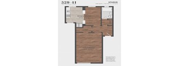 A floor plan for a studio apartment at 529-41 West Wellington Avenue, featuring a kitchen, dining area, closet, and living room.