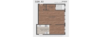 A floor plan for a studio apartment at 529-41 West Wellington Avenue, featuring a living room, kitchen/dining area, and dressing closet.
