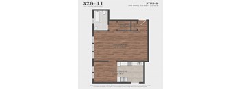 A floor plan for a studio apartment with a living room, kitchen/dining area, and dressing closet.
