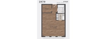 A floor plan for a studio apartment with a living room, kitchen, and closet.