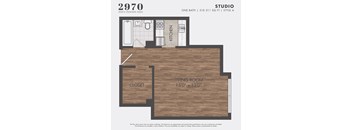A floor plan for a studio apartment at 2970 North Sheridan Road shows a living room, kitchen, and closet.