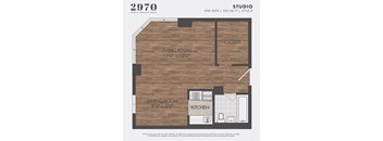 A floor plan for a studio apartment at 2970 North Sheridan Road, featuring a living room, dining room, kitchen, and closet.