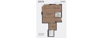 A floor plan for a studio apartment with a living room, dining room, kitchen, and closet.