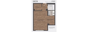A floor plan for a studio apartment with a living room, dining room, kitchen, and closet.