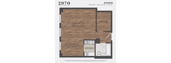 A floor plan for a studio apartment with a living room, dining room, kitchen, and closet.