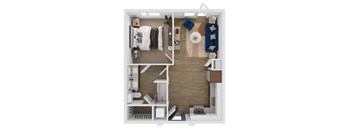 A top-down view of a small apartment with a bedroom, living room, and kitchen.