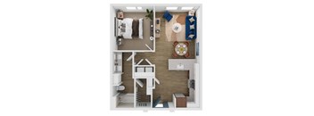 A top-down view of a small apartment with a kitchen, living room, and bedroom.
