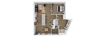 A top-down view of a small apartment with a kitchen, living room, and bathroom.