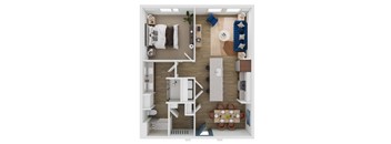A top-down view of a small apartment with a kitchen, living room, and bathroom.