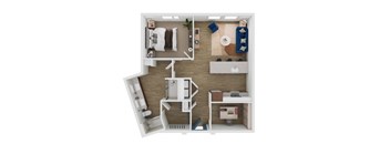 A top-down view of a small apartment with a kitchen, living room, and bathroom.