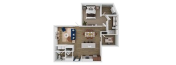 A top-down view of a small apartment with a kitchen, living room, and bedroom.
