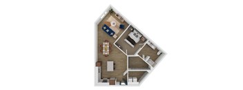 A top-down view of a house interior with a kitchen, living room, and dining area.