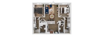 A top-down view of a small apartment with a kitchen, living room, and bedroom.