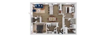 A top-down view of a small apartment with a kitchen, living room, and bedroom.