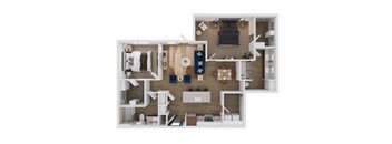 A top-down view of a house layout with a kitchen, living room, and bedrooms.