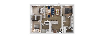 A top-down view of a modern apartment layout with a kitchen, living room, and bedrooms.