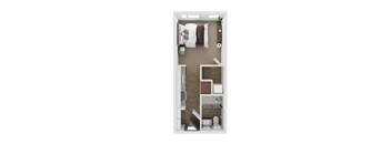 A small room with a bed, a desk, and a chair.