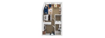 A top down view of a small apartment with a bed, a couch, a table, and a kitchenette.