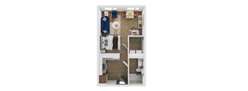 A top-down view of a small, neatly organized bedroom with a desk and a small kitchenette.