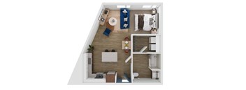 A top-down view of a small, neatly organized apartment with a kitchen, living room, and bathroom.