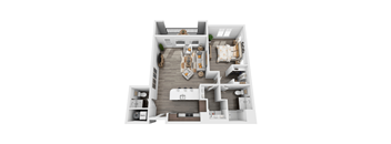 A top-down view of a modern apartment layout with a kitchen, living room, and bedrooms.
