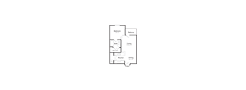 A floor plan of a house with a bedroom, bath, kitchen, dining area, and a balcony.