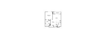 A floor plan of a house with a bedroom, bathroom, living room, dining room, and kitchen.