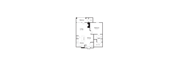 A floor plan of a house with a balcony, living room, dining room, kitchen, and two bedrooms.