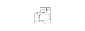A floor plan of a house with a balcony and two bathrooms.