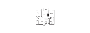 A floor plan of a house with two bedrooms, a living room, a dining room, a kitchen, a balcony, and a storage area.