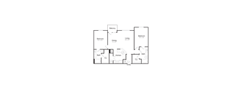 A floor plan of a house with a balcony, two bedrooms, a dining area, a living room, a kitchen, and two bathrooms.