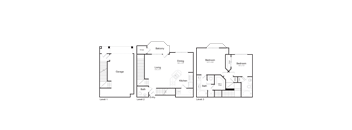 A floor plan of a three-story residential building with labeled rooms.