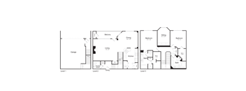 A floor plan of a three-story residential building with labeled rooms.