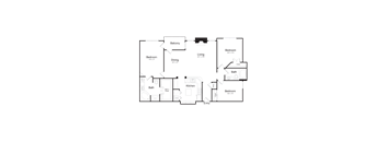 A floor plan of an apartment with a balcony, two bedrooms, a living room, a dining room, a kitchen, and two bathrooms.