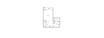 A floor plan of an apartment with a balcony, living room, kitchen, and bathroom.