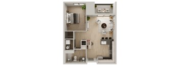 A top-down view of a small, neatly organized apartment with a kitchen, living room, and bathroom.
