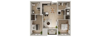 A top-down view of a small apartment with a kitchen, living room, and bathroom.