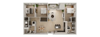 A top-down view of a small, well-organized apartment with a kitchen, living room, and bathroom.