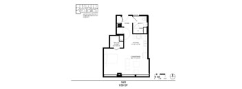 A floor plan of a house with a living room, kitchen, and bathroom.