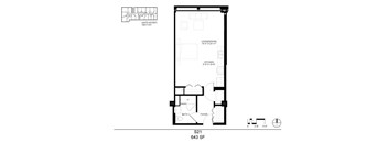 A floor plan of a one bedroom apartment with dimensions.