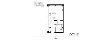 A floor plan of a unit with a living room, kitchen, and bathroom.