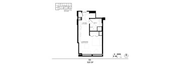 A black and white floor plan of a small apartment with a living room, kitchen, and bathroom.