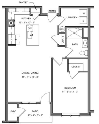 A floor plan of a house with a kitchen, living room, dining room, bedroom, bathroom, pantry, and laundry room.